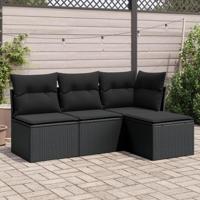 4-delige Loungeset met kussens poly rattan zwart - thumbnail
