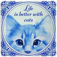 Plenty Gifts tegeltje keramiek life is better with cats 10x10cm blauw, wit - thumbnail