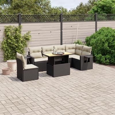 7-delige Loungeset met kussens poly rattan zwart