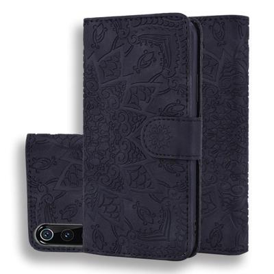 Kalf patroon dubbele vouwen ontwerp reliëf lederen draagtas met portemonnee & houder & kaartsleuven voor Xiaomi mi 9 (zwart)