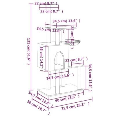 VidaXL Kattenmeubel met sisal krabpalen 131 cm crèmekleurig