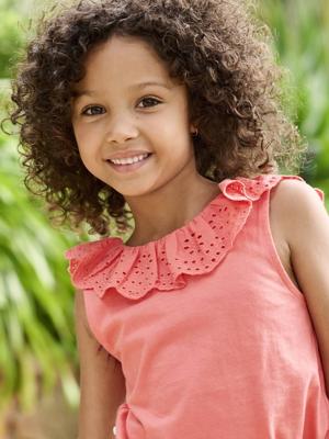 Mouwloze sweater met ruches van Engels borduursel voor meisjes koraal Mouwloze sweater met ruches van Engels borduursel voor meisjes koraal