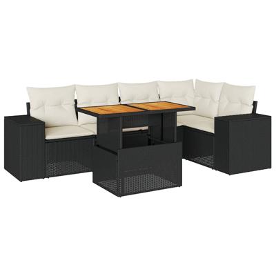 6-delige Loungeset met kussens poly rattan zwart