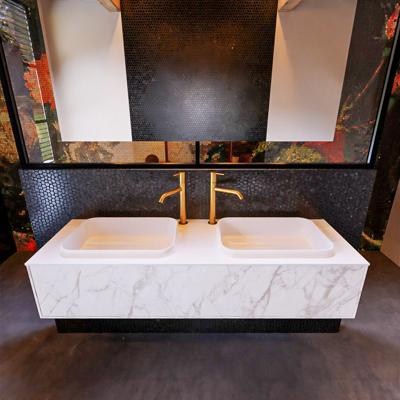 Badkamermeubelset Mondiaz Erin 150 cm met 1 Lade met RIDGE Wastafel Dubbel Talc met 2 kraangaten Greeploos Mat Carrara Badkamermeubelset Mondiaz Erin 150 cm met 1 Lade met RIDGE Wastafel Dubbel Talc met 2 kraangaten Greeploos Mat Carrara