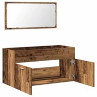 Badkamerkast met spiegel bewerkt hout oud houtkleurig - thumbnail