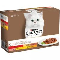 Gold fijne hapjes in saus met rund, kalkoen en eend, zalm en kip of kip en lever 12 x 85g kattenvoer Gourmet - Gourmet - thumbnail