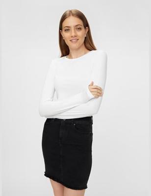 Dames ondershirt lange mouw - Long Tee - Katoenen T-shirt lange mouwen - Wit - Zwart