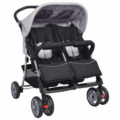 Tweelingkinderwagen staal grijs en zwart