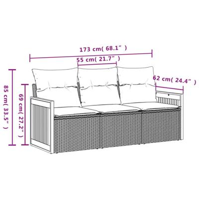 3-delige Loungeset met kussens poly rattan zwart - thumbnail