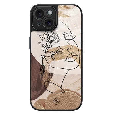 iPhone 15 glazen hardcase - Abstract gezicht bruin iPhone 15 glazen hardcase - Abstract gezicht bruin