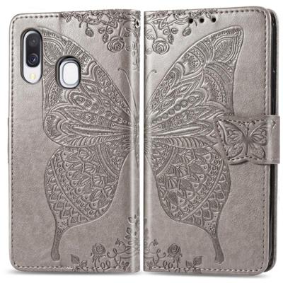 Butterfly Love bloemen reliëf horizontale Flip lederen case voor Galaxy A40 met houder & kaartsleuven & portemonnee & Lanyard (grijs)