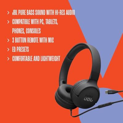JBL Tune 520C Comfort Fit bedrade on-ear koptelefoon met microfoon, JBL Pure Bass-geluid, EQ-presets, USB-C-connectiviteit, opvouwbaar ontwerp en knoopresistente kabel, zwart