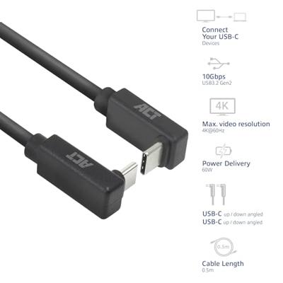 ACT USB 3.0 10Gbps 60W USB Type-C (haaks verticaal) - USB Type-C (haaks verticaal) 0.5m ACT USB 3.0 10Gbps 60W USB Type-C (haaks verticaal) - USB Type-C (haaks verticaal) 0.5m