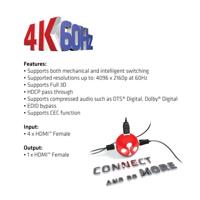 Club 3D hdmi 2.0 uhd switchbox 4 ports adapter (zwart, csv-1370) - thumbnail