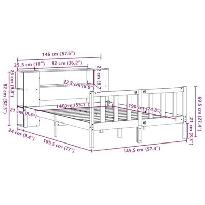 Bed met boekenkast zonder matras massief grenenhout 140x190 cm