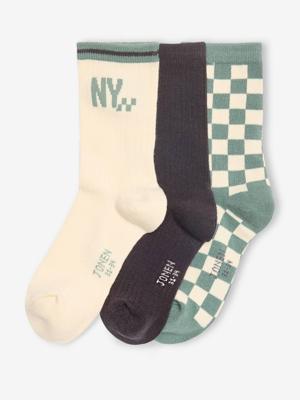 Set van 3 paar jongenssokken met dambordpatroon blauwgroen Set van 3 paar jongenssokken met dambordpatroon blauwgroen