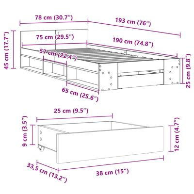 Bedframe met lade bewerkt hout grijs sonoma eiken 75x190 cm