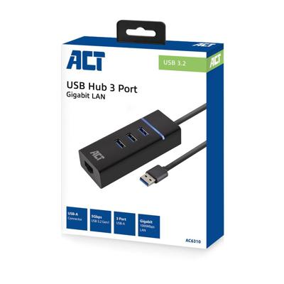 USB 3.0 hub 3x USB A + 1x RJ45 gigabit ethernet ACT AC6310 USB 3.0 hub 3x USB A + 1x RJ45 gigabit ethernet ACT AC6310