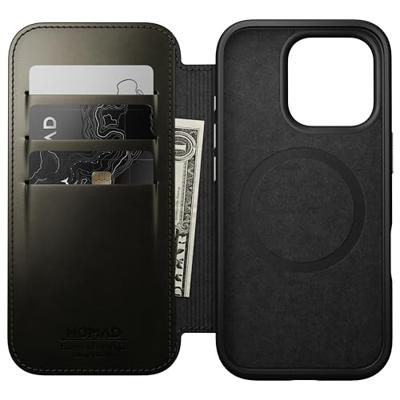 Nomad Modern Horween lederen folio iPhone 16 Pro - Green Chrome