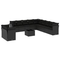 12-delige Loungeset met kussens poly rattan zwart - thumbnail