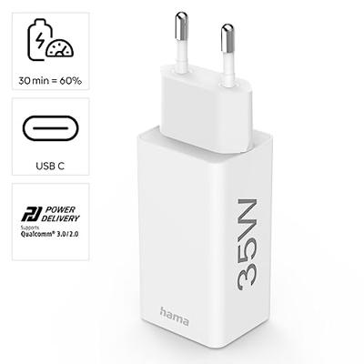 Hama Snellader 2x USB-C PD/Qualcomm® Mini-oplader 35 W Wit