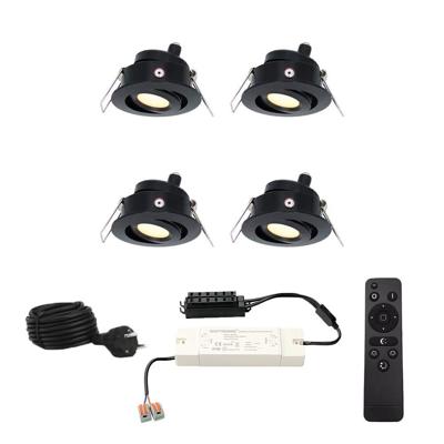Set met 4 Sienna 12V inbouwspots - 3 Watt 200 lumen - 2700K warm wit - Zwart - IP44 waterdicht - kantelbaar - verandaspots - met afstandsbediening Set met 4 Sienna 12V inbouwspots - 3 Watt 200 lumen - 2700K warm wit - Zwart - IP44 waterdicht - kantelbaar - verandaspots - met afstandsbediening