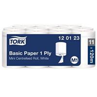 Tork Universal Basic Mini poetspapier, centerfeed, 1-laags, systeem M1, wit, doos van 11 rollen - thumbnail