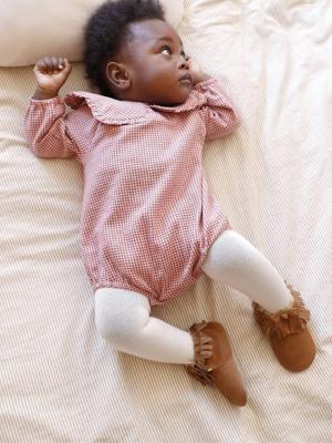 Flanel bloomer voor pasgeborenen met vichy-motief + effen panty's ecru