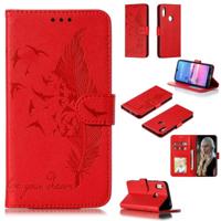 Feather patroon Litchi textuur horizontale Flip lederen draagtas met portemonnee & houder & kaartsleuven voor Huawei Y6 (2019)/Honor Play 8A (rood) - thumbnail