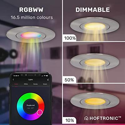 Set van 6 Napels smart inbouwspots - IP65 Waterdicht - 8 Watt 600 Lumen - Kantelbaar - Wifi + Bluetooth - RGBWW - Google Home, Amazon Alexa en Siri - RVS - Voor binnen en buiten