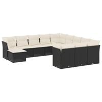 12-delige Loungeset met kussens poly rattan zwart - thumbnail