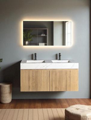 Badmeubel Casajoy Bold Onderkast 120 cm Met Strepen Eiken Met Sintered Stone Wastafel Wit