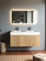 Badmeubel Casajoy Bold Onderkast 120 cm Met Strepen Eiken Met Sintered Stone Wastafel Wit - thumbnail