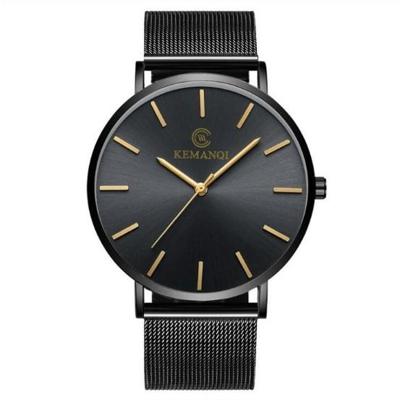 KEMANQI eenvoudige ultradunne waterdichte stalen mesh riem quartz horloge voor mannen (ultradunne mesh belt zwarte wijzerplaat)
