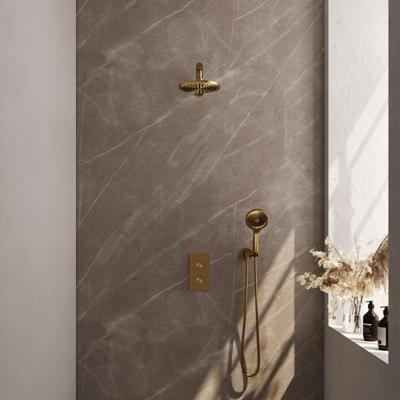 Brauer Stripe thermostatische inbouw regendouche 3-weg rechthoekig SET 16 met 25 cm douchekop en rechte muurarm en 3-standen handdouche en doucheslang en wandaansluitbocht goud geborsteld PVD