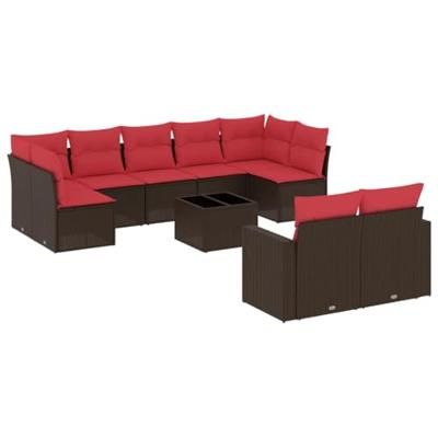 10-delige Loungeset met kussens poly rattan bruin