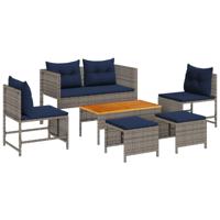 Tuinbankenset met kussen 6 pcs Grijs en Marineblauw poly rattan - thumbnail