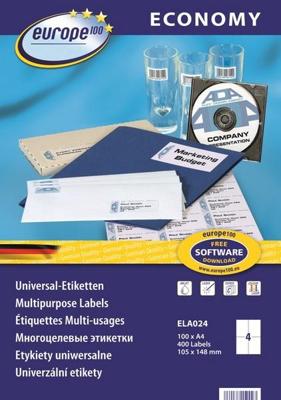 Europe 100 ELA024 Universele etiketten 105 x 148.5 mm Papier Wit 400 stuk(s) Permanent hechtend Inkjet, Laser (zwart/wit), Laser (kleur), Kopiëren (zwart/wit),