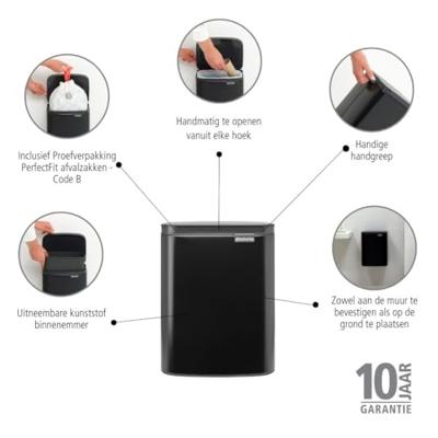 Brabantia Bo afvalemmer 7 liter met kunststof binnenemmer matt black - thumbnail