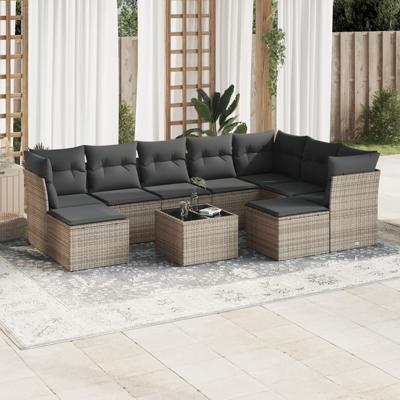 9-delige Loungeset met kussens poly rattan grijs