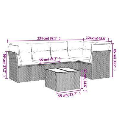 6-delige Loungeset met kussens poly rattan grijs - thumbnail