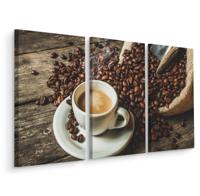 Schilderij - Een kop hete koffie en bonen, horeca, 3 luik, premium print - thumbnail