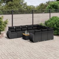11-delige Loungeset met kussens poly rattan zwart - thumbnail