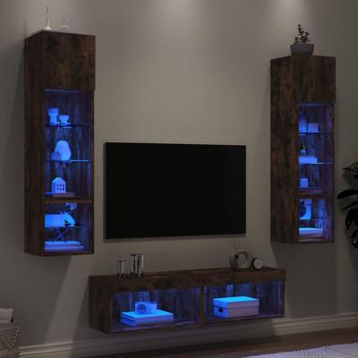 6-delige tv-wandmeubelset met LED bewerkt hout gerookt eiken