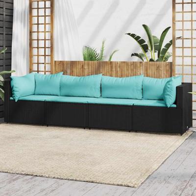 4-delige Loungeset met kussens poly rattan zwart