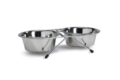 Standaard met 2 rvs 13 cm hondenvoerbakken Standaard met 2 rvs 13 cm hondenvoerbakken