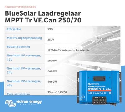 Victron Energy BlueSolar 250/70-Tr VE.Can Laadregelaar voor zonne-energie MPPT 12 V, 24 V, 48 V 70 A Victron Energy BlueSolar 250/70-Tr VE.Can Laadregelaar voor zonne-energie MPPT 12 V, 24 V, 48 V 70 A
