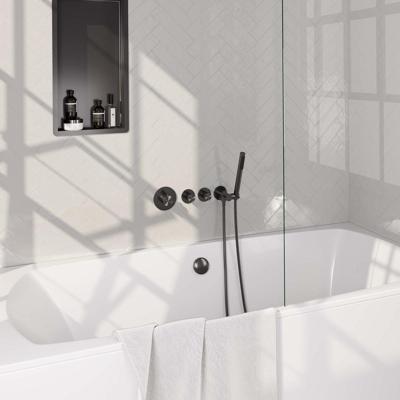 Gunmetal Carving thermostatische inbouw badkraan SET 01 - compleet met badvulcombinatie, staaf handdouche, doucheslang en wandaansluitbocht - gunmetal geborsteld PVD Gunmetal Carving thermostatische inbouw badkraan SET 01 - compleet met badvulcombinatie, staaf handdouche, doucheslang en wandaansluitbocht - gunmetal geborsteld PVD