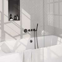 Gunmetal Carving thermostatische inbouw badkraan SET 01 - compleet met badvulcombinatie, staaf handdouche, doucheslang en wandaansluitbocht - gunmetal geborsteld PVD - thumbnail