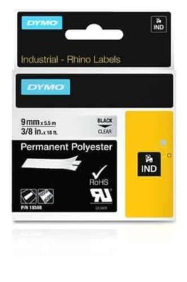 Labeltape DYMO IND RHINO S0718160 Polyester Tapekleur: Transparant Tekstkleur:Zwart 9 mm 5.5 m
